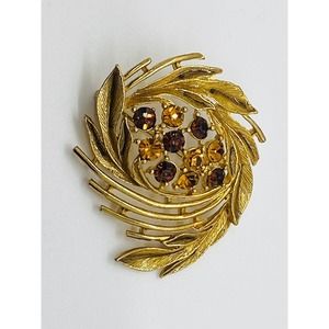 Vintage Brooch Pin M. JENT Rhinestone Gold Tone Dark & Light Amber Leaf Swirl